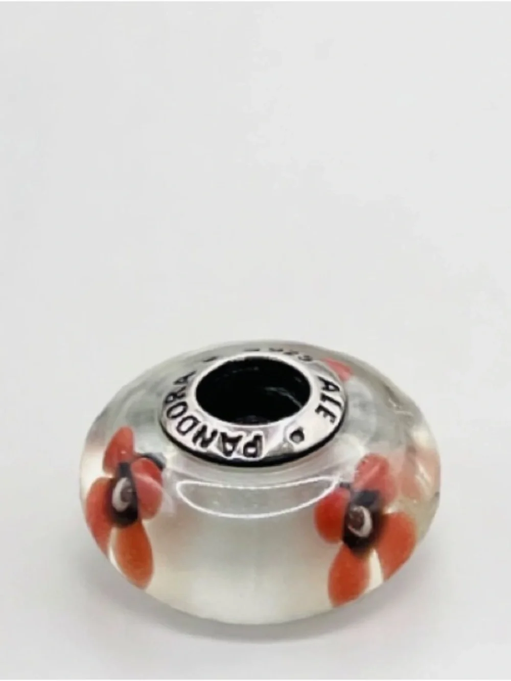 Pandora Clear Glass Charm with Orange Flower Accents